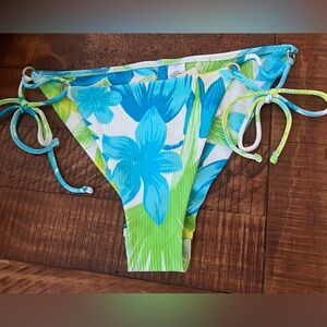 NWT Aerie Shine Rib Cheekiest Tie Bikini Bottom in White Green Blue Tropical